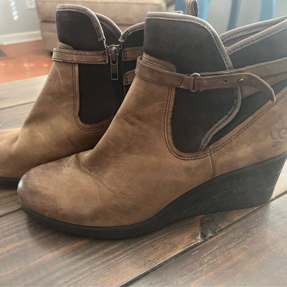 UGG Emalie Brown Leather Ankle Booties with Wedge Heel- Waterproof